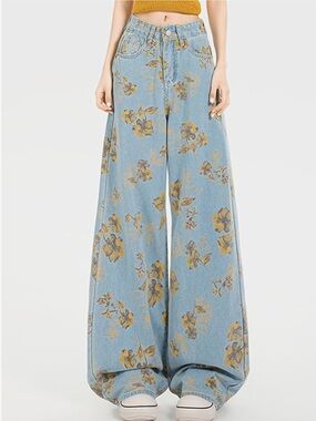 Chic Nation Light Blue Denim Wide-Leg Floral Print Pants